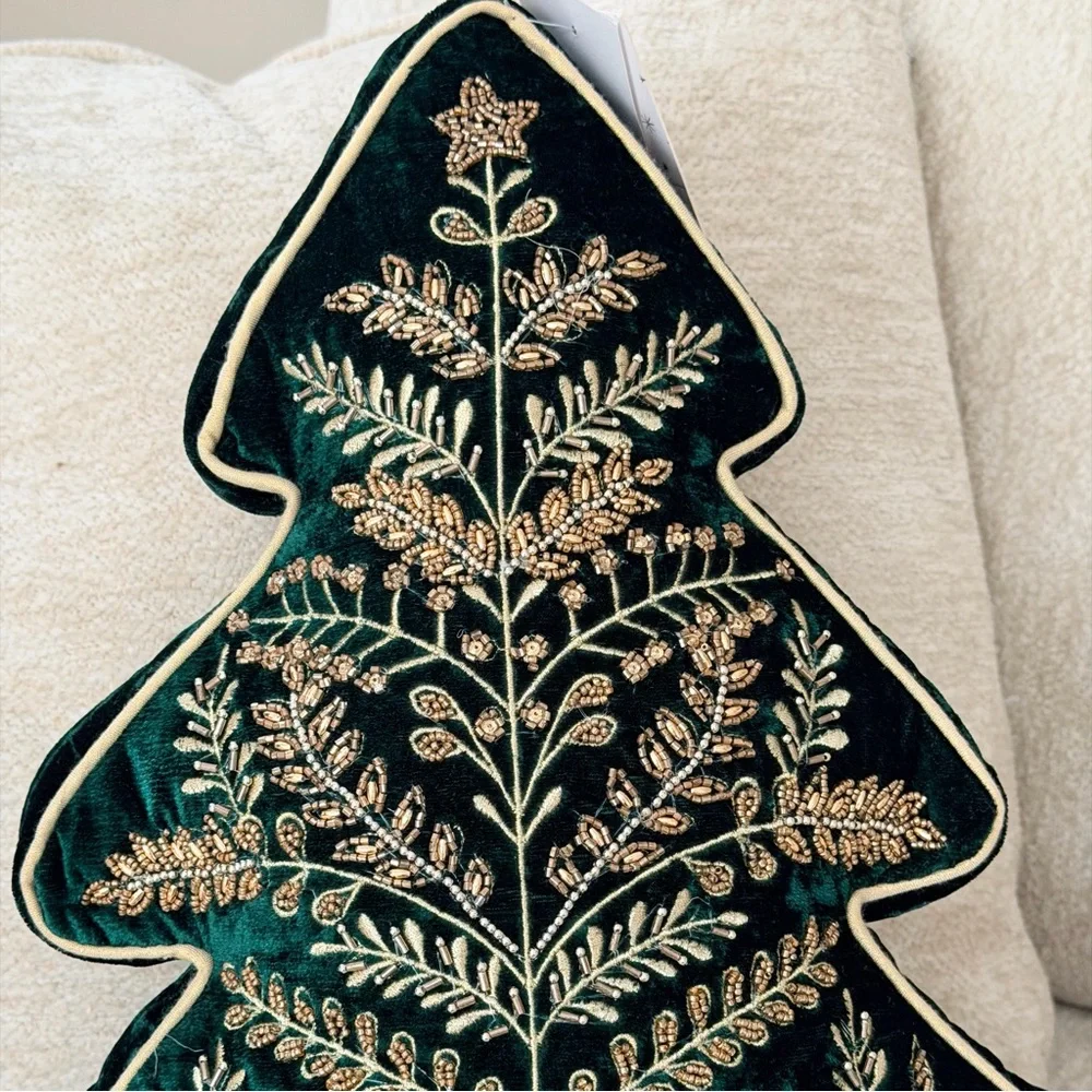 34th & Pine Elegant Embroidered Green Velvet Tree Pillow with Gold Accents